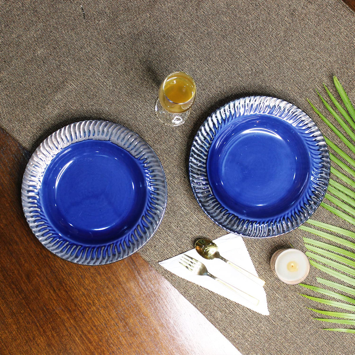 Midnight Blue Ceramic Pasta Plates - 2 Pieces | Handcrafted Multi Purpose Ceramic Deep Plates, Snack Plates, Starter Plates - 9.5 Inch, Microwave Safe & Dishwasher Safe