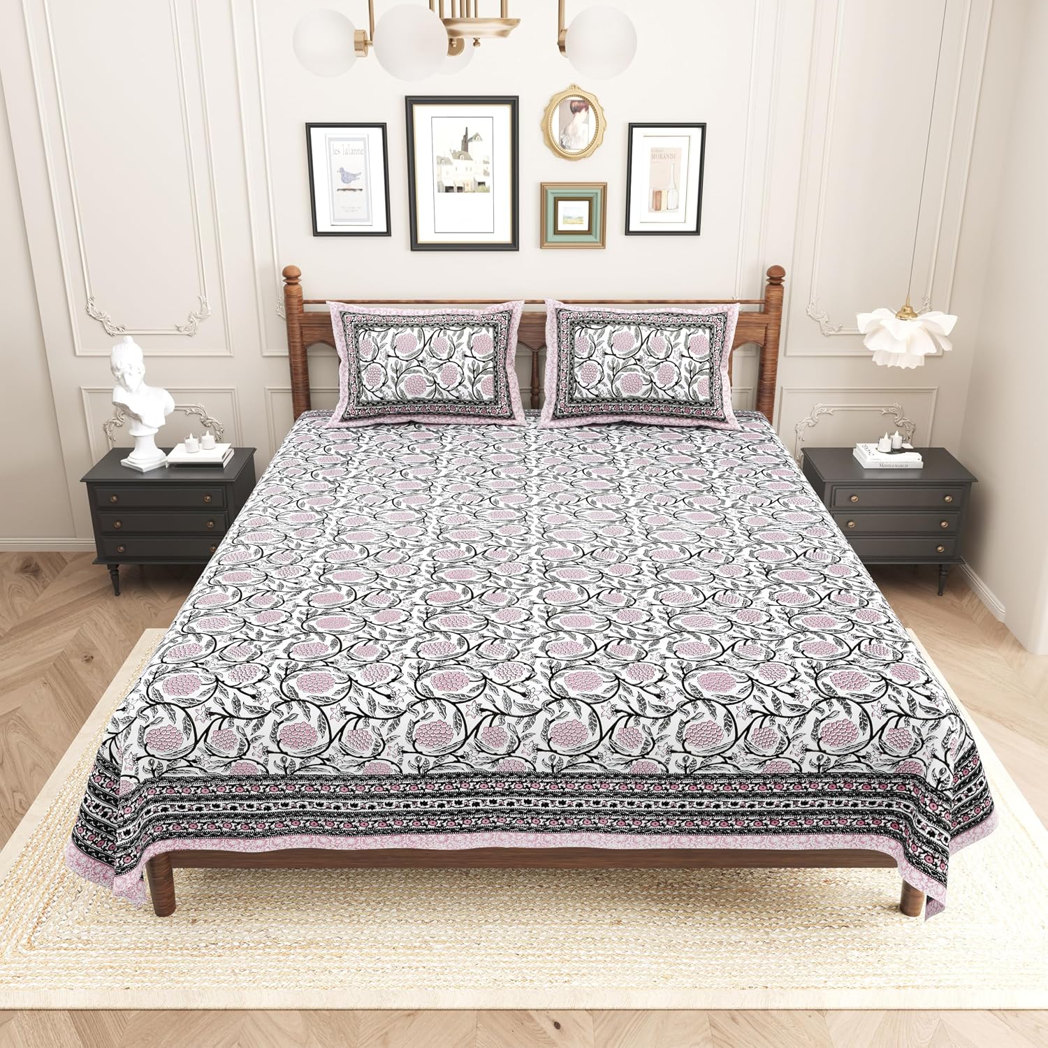 Pure Cotton King Size Bedsheet 2 Matching Pillow Covers | 100x108 Inches, White & Pink | Traditional Jaipuri Printed Bedsheet | Ideal Wedding Gift, Housewarming, Special Occasion Surprise