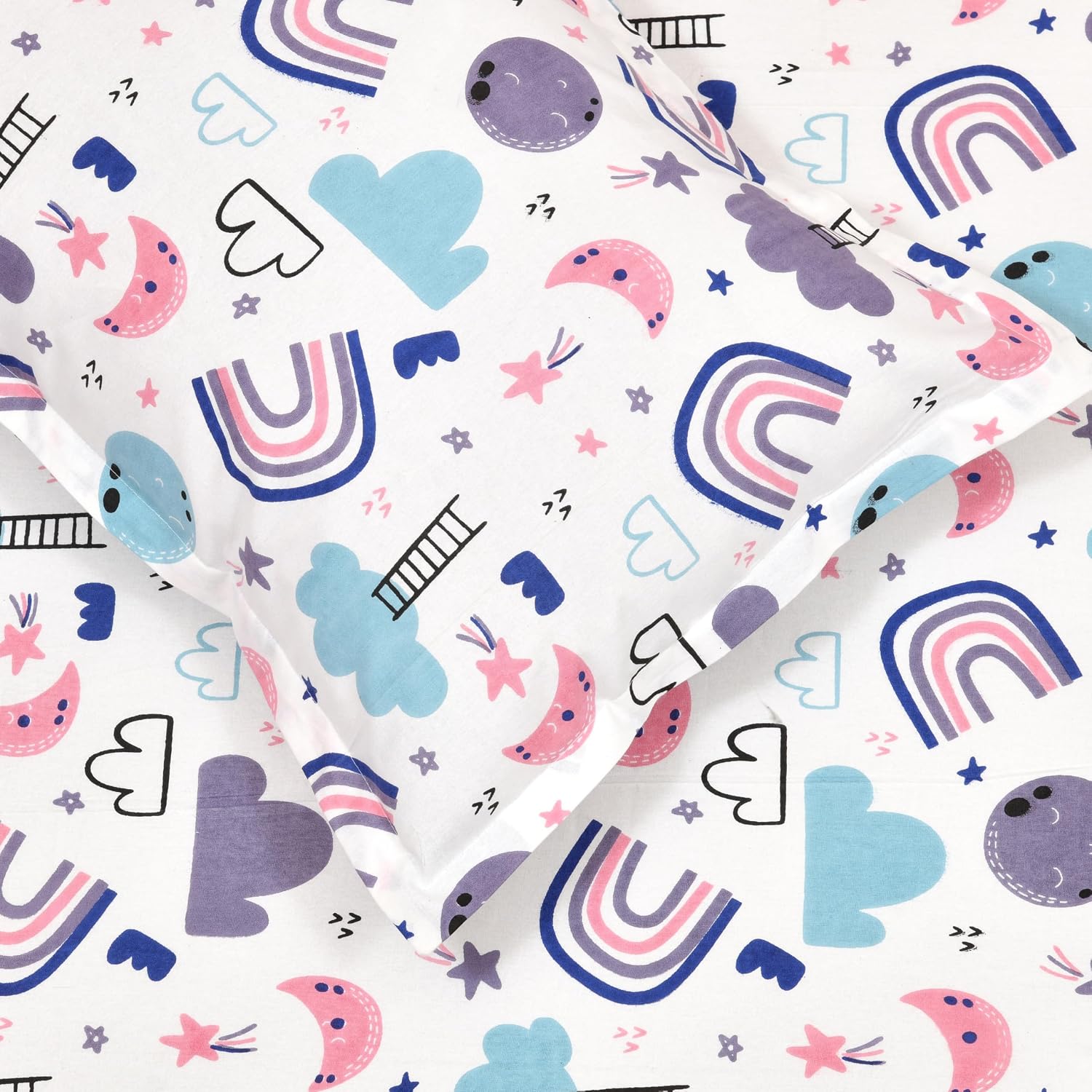Pure Cotton Kids Bedsheet Double Bed Queen Size With 2 Pillow Covers | 90 X 100 Inches, White & Lavender | Fun Cartoon Theme, Soft & Breathable Fabric