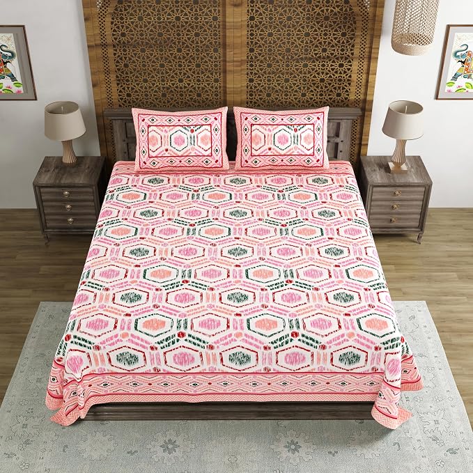 Hand Block Printed Cotton King Size Bedsheet With 2 Pillow Covers, 90 X 108 Inches, Pink | Good For Villas, Guest Houses, & Daily Home Use