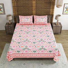 Hand Block Printed Cotton King Size Bedsheet With 2 Pillow Covers, 90 X 108 Inches, Pink | Good For Villas, Guest Houses, & Daily Home Use