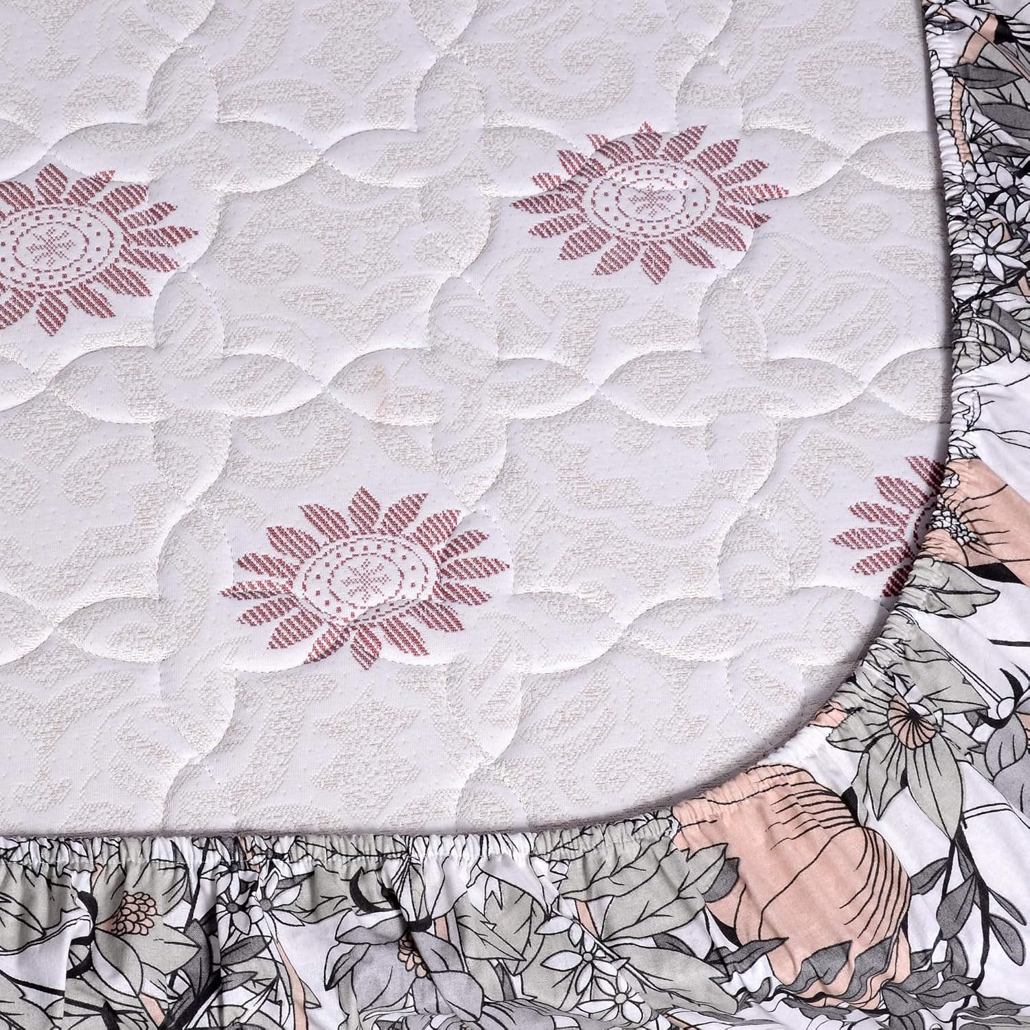 Printed King Size Double Bedsheet With 2 Pillow Cover For Bedroom | 72 X 78 Inches, Grey & Peach - All Around Elastic Fitted | Ideal For Everyday Use