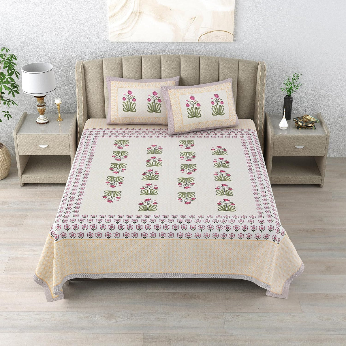 100% Cotton King Size Bedsheet With 2 Matching Pillow Covers - 90 X 108 Inches, Multicolor | Designer Printed Bedsheet Set - Naturally Soft, Breathable, & Skin Friendly