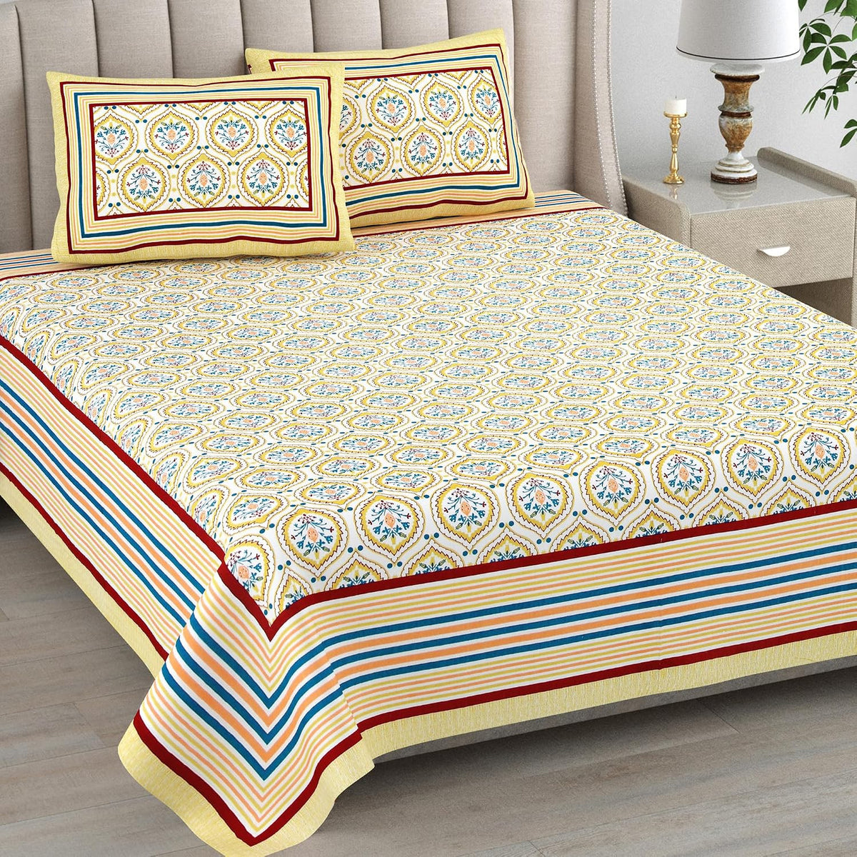 Bedsheet For Queen Bed With 2 Pillow Covers - 90 X 108 Inches, Yellow | Pure Cotton Traditional Jaipuri Printed | Ideal For Both Everyday Use & Special Events