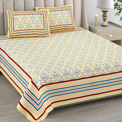 Bedsheet For Queen Bed With 2 Pillow Covers - 90 X 108 Inches, Yellow | Pure Cotton Traditional Jaipuri Printed | Ideal For Both Everyday Use & Special Events