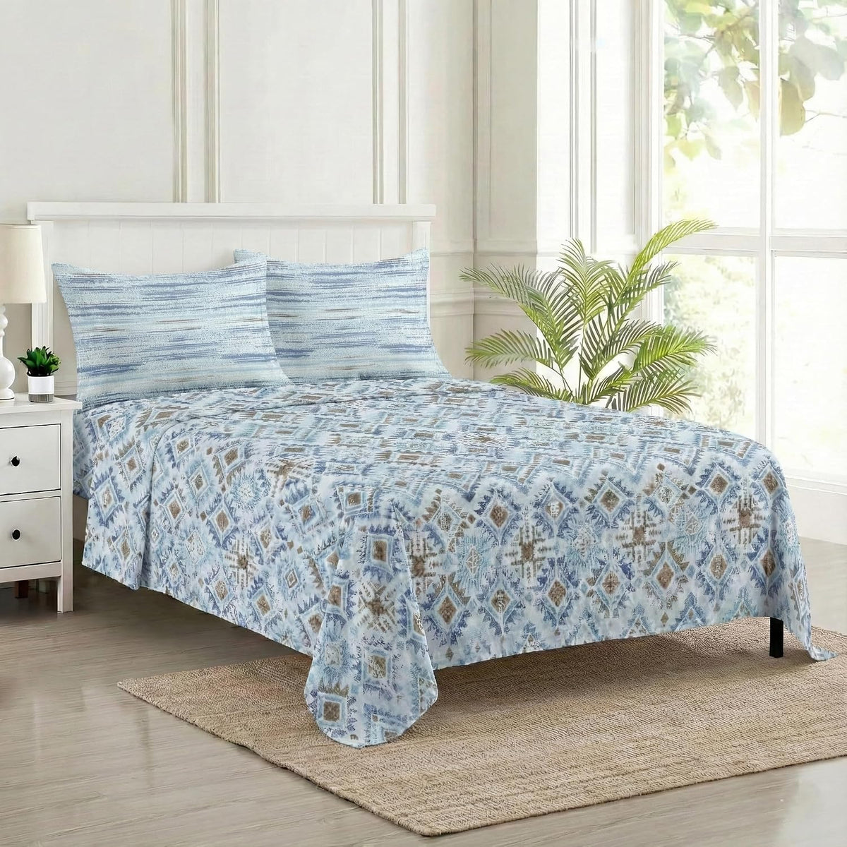 Printed Cotton King Size Printed Bedsheet With 2 Pillow Covers - 108 X 108 Inches, Beige & Blue | Ideal For Home Use & Perfect For Gifting On Weddings, Housewarmings & Festivals