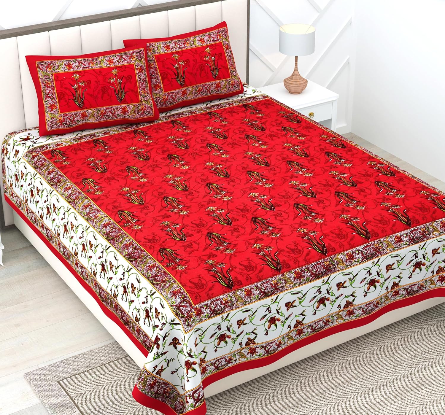 Jaipuri Bedsheets For Double Bed King Size With 2 Pillow Covers - 90 X 100 Inches, Red | Soft & Durable For Everyday Use & Bedroom - All Season Comfort