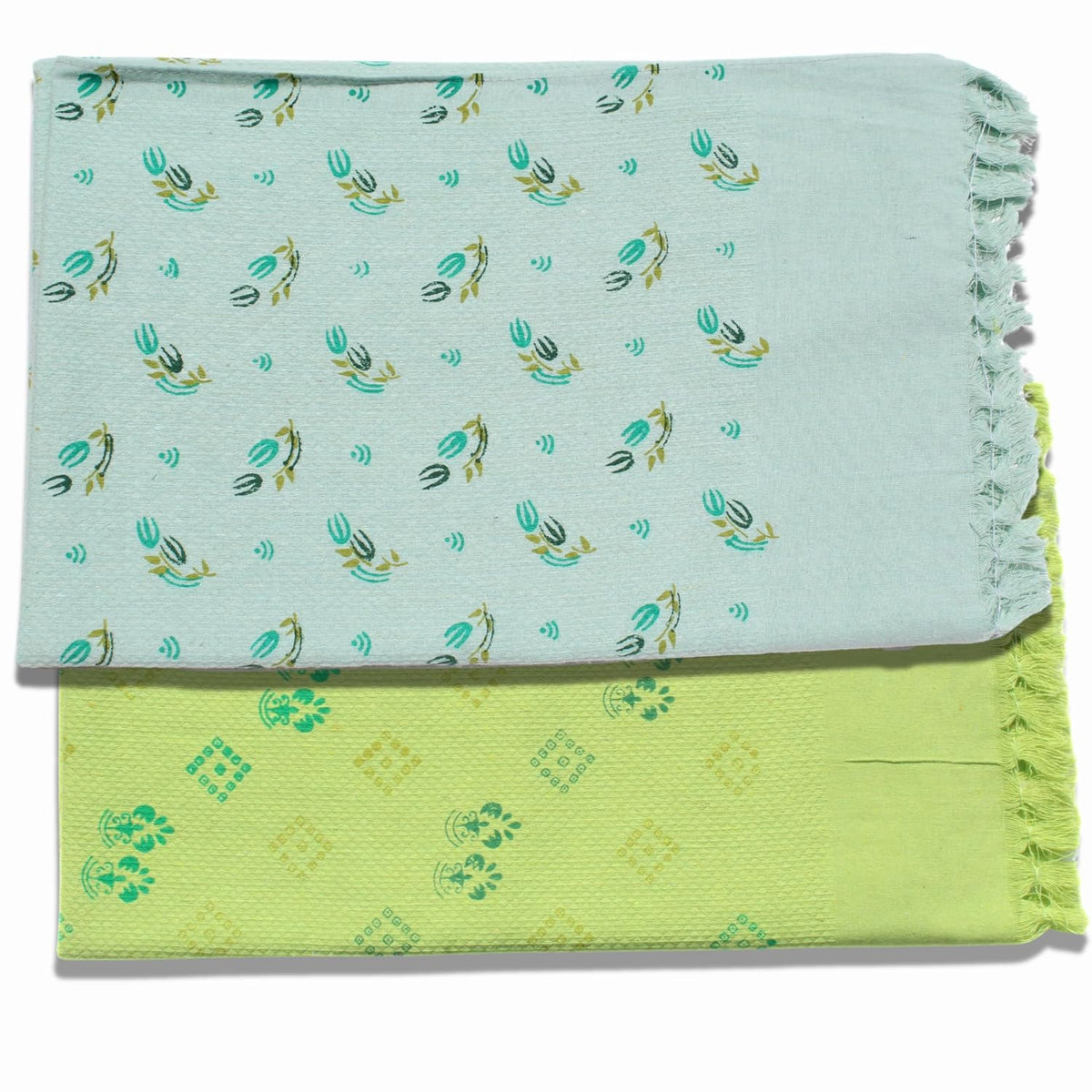 100% Printed Thin Towel 700 Gsm | Quick Dry & High Absorbent Thorthu Bath Cotton Towels (Beige & Green) - Set Of 2