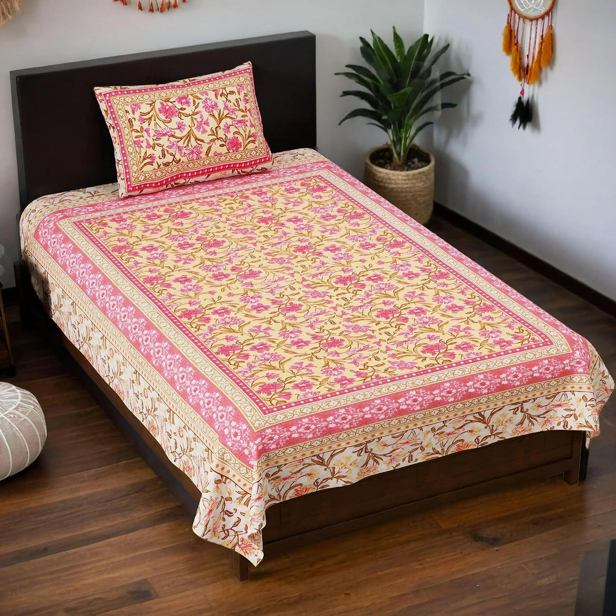 Single Bedsheet Cotton With 1 Pillow Cover, 60 X 90 Inches, Yellow & Pink | Resistant For All-Season Use | Breathable & Lightweight & Easy To Wash At Home