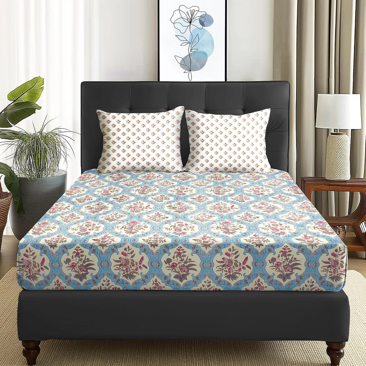 1 Piece Microfiber Bedsheet For Double Bed With 2 Pillow Covers - 88 X 98 Inches, Blue & Beige | Cotton Bedsheet, Breathable & Wrinkle Free