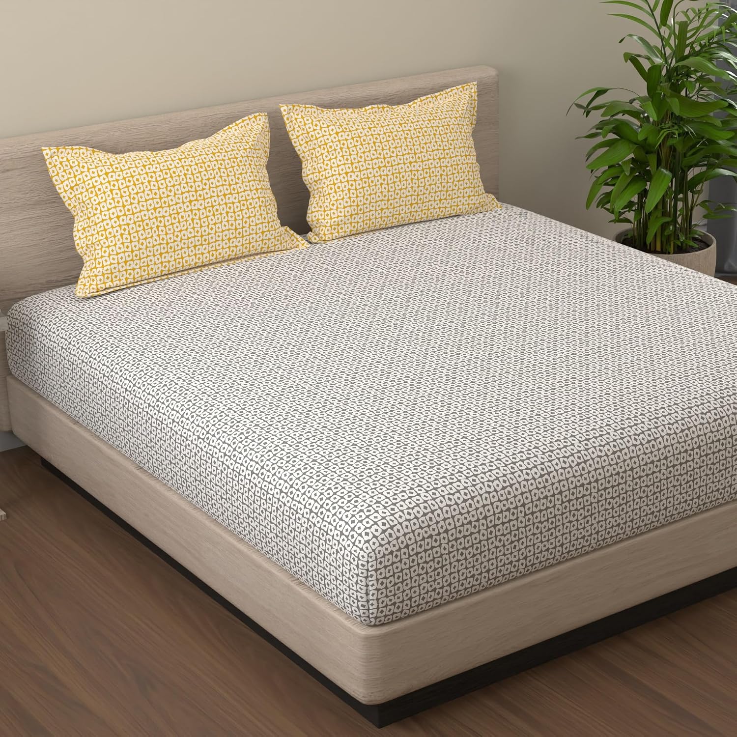 Cotton Bedsheet For King Size With 2 Pillow Covers - 108 X 108 Inches, Grey & Yellow | Soft & Comfortable Feel To Your Skin