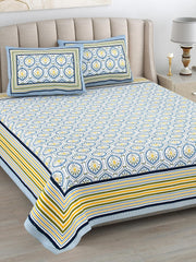 Bedsheet For Queen Bed With 2 Pillow Covers - 90 X 108 Inches, White & Blue | Pure Cotton Traditional Jaipuri Printed | Ideal For Both Everyday Use & Special Events