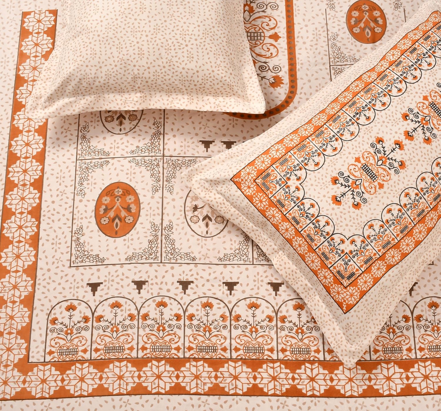 100% Cotton Double Bedsheet With 2 Pillow Covers Rajasthani Jaipuri Traditional Floral King Size Bedsheet - 90 X 90 Inches, Beige | 200 Thread Count Bedsheet