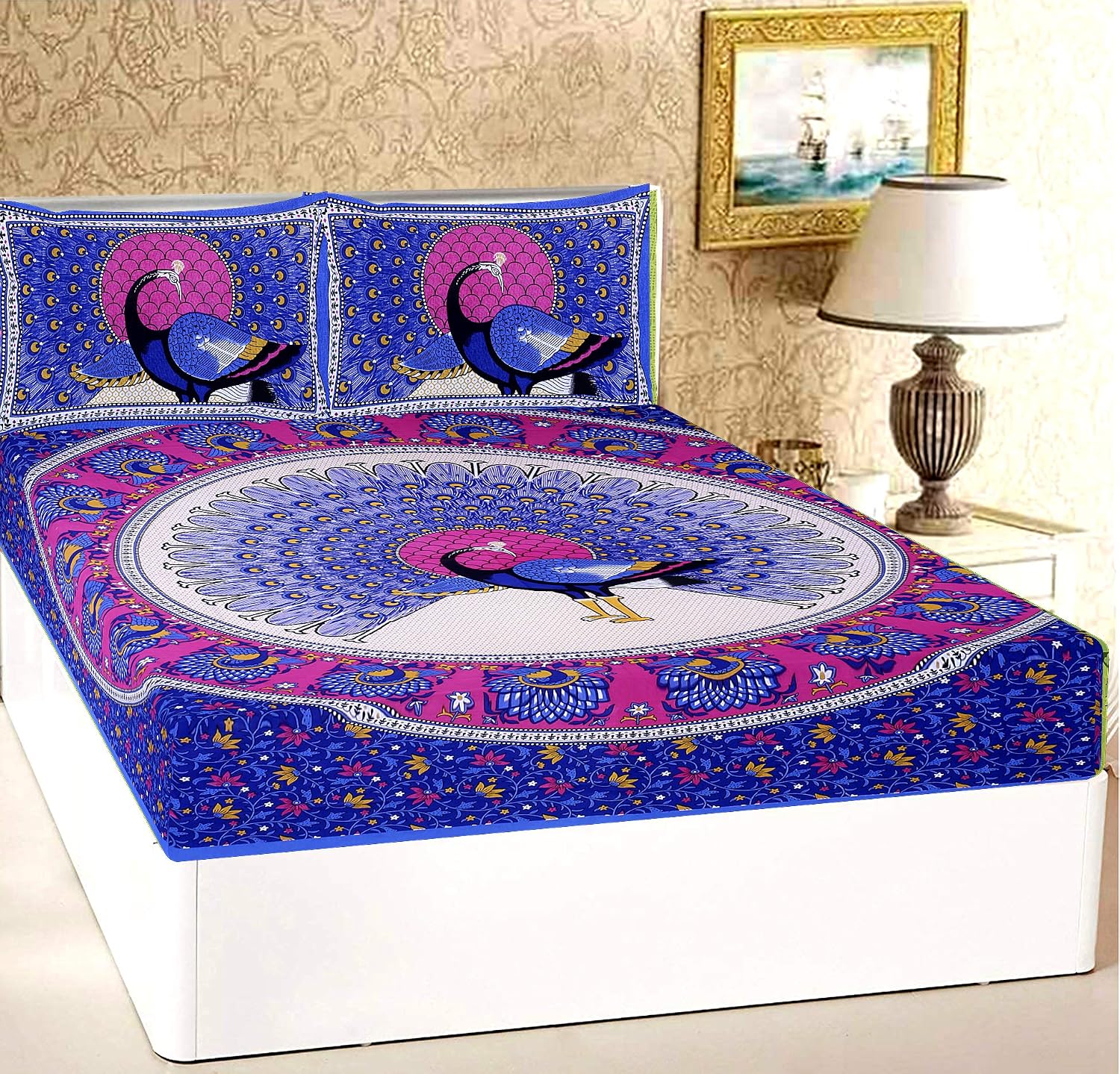 Rajasthani Jaipuri Bedsheets For Double Bed King Size With 2 Pillow Cover - 90 X 100 Inches, Blue & Pink | Skin Friendly Fabric With Vibrant Colors