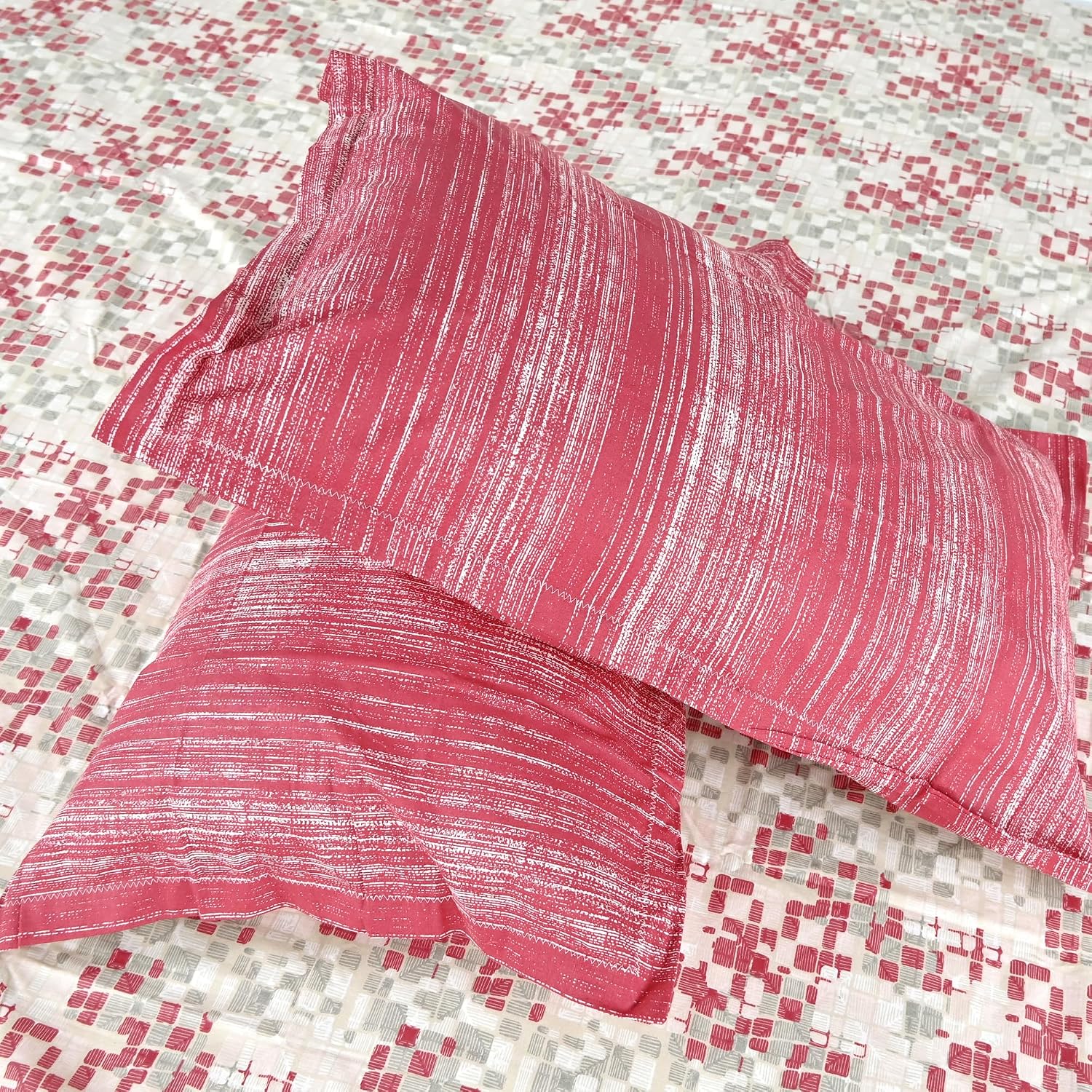 100% Pure Cotton Double Bedsheet For Queen With 2 Pillow Covers - 87 X 100 Inches, Red & Grey | Soft & Durable For Everyday Use & Bedroom - All Season Comfort
