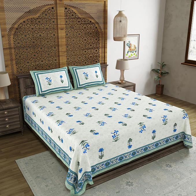 Hand Block Printed Cotton King Size Bedsheet With 2 Pillow Covers, 90 X 108 Inches, White | Good For Villas, Resorts, Guest Houses, & Daily Home Use