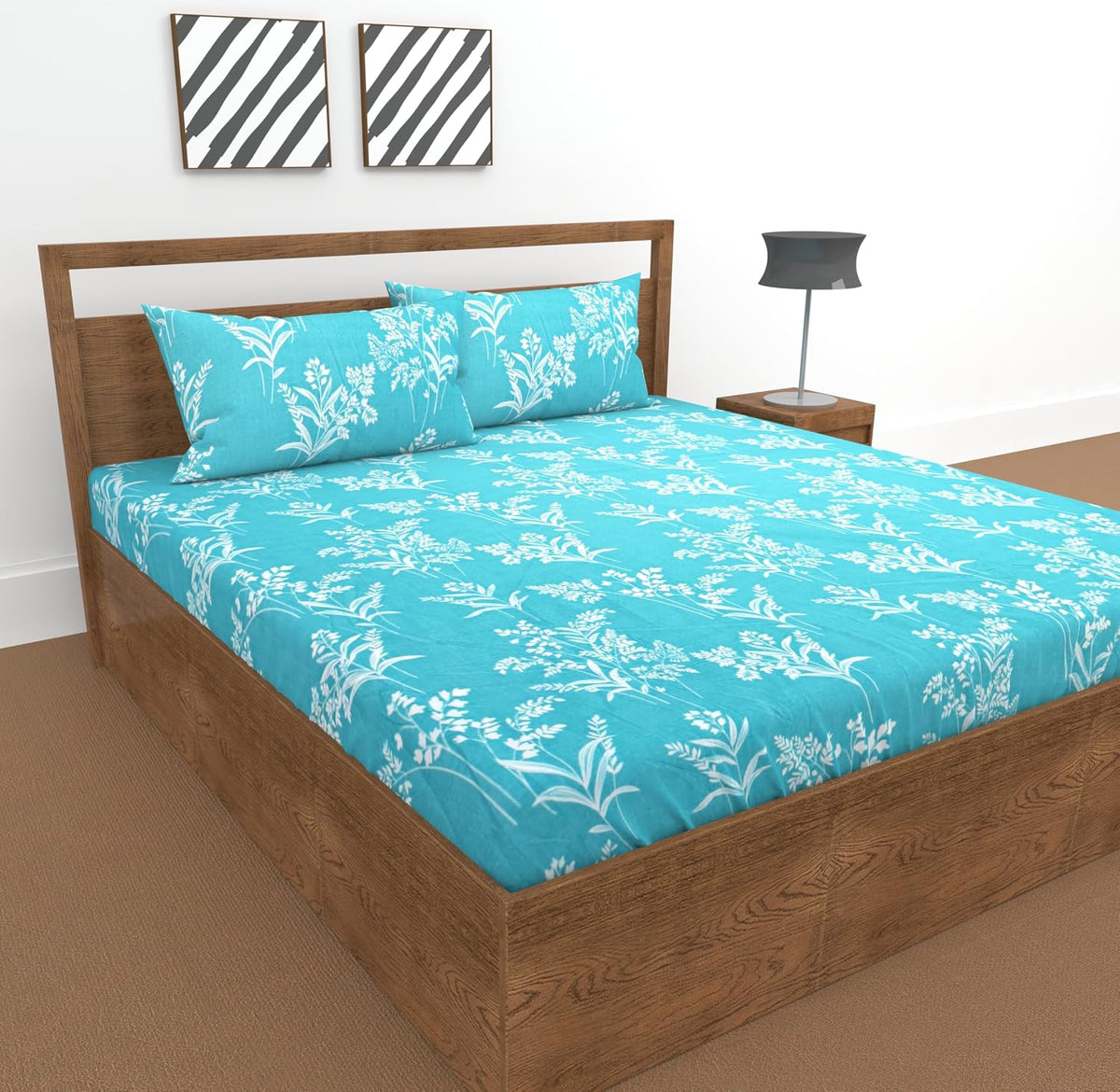 King Size Double Bedsheet With 2 Pillow Covers For Home - 72 X 72 Inches, Aquamarine Blue | Elastic Fitted Bedsheet With Deep Pocket Cotton Bedsheet - Soft, Breathable & Wrinkle-Resistant