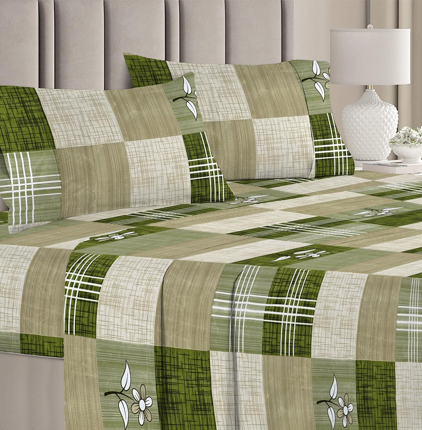 Printed Double Bedsheets With 2 Regular Size Pillow Covers - 86 X 88 Inches, Light Green & White | Collections Soft Breathable Wrinkle Free Texture - Floral Cheks Bedsheet