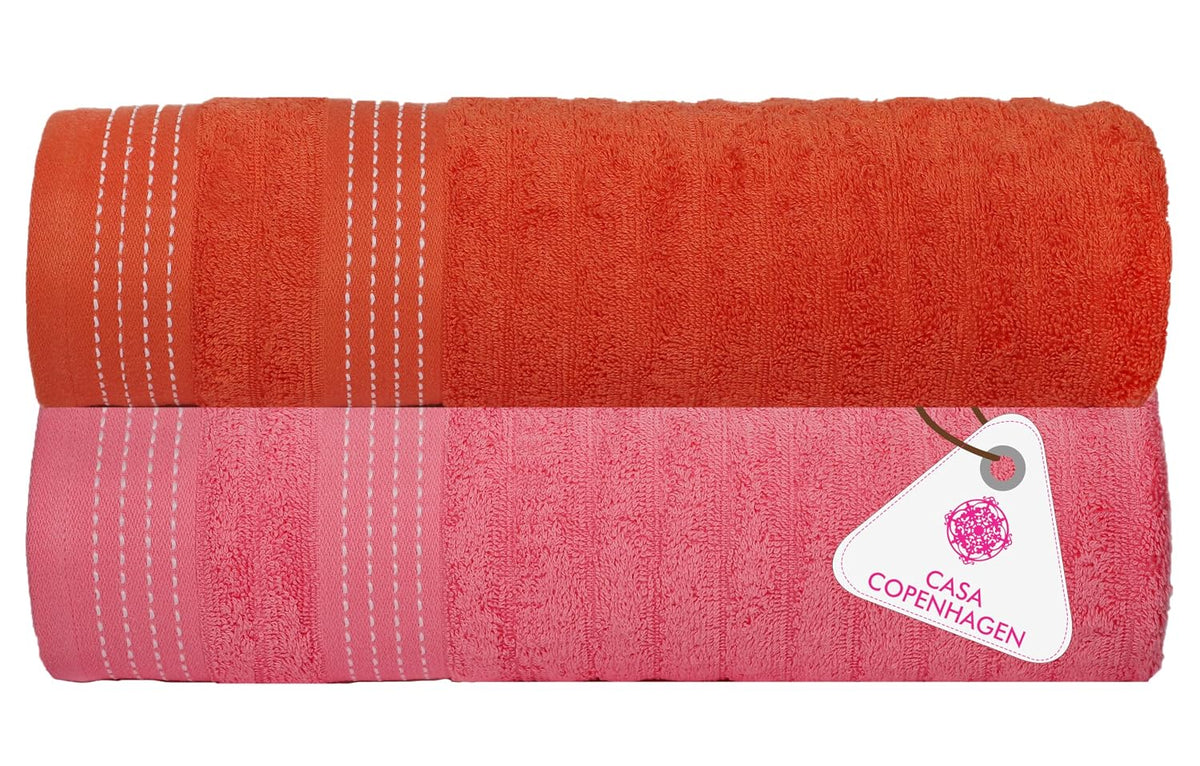 Casa Copenhagen Designed In Denmark Elegance Super Soft 2 Pieces 100% Cotton Large Bath Towel 610 Gsm - Pink & Orange