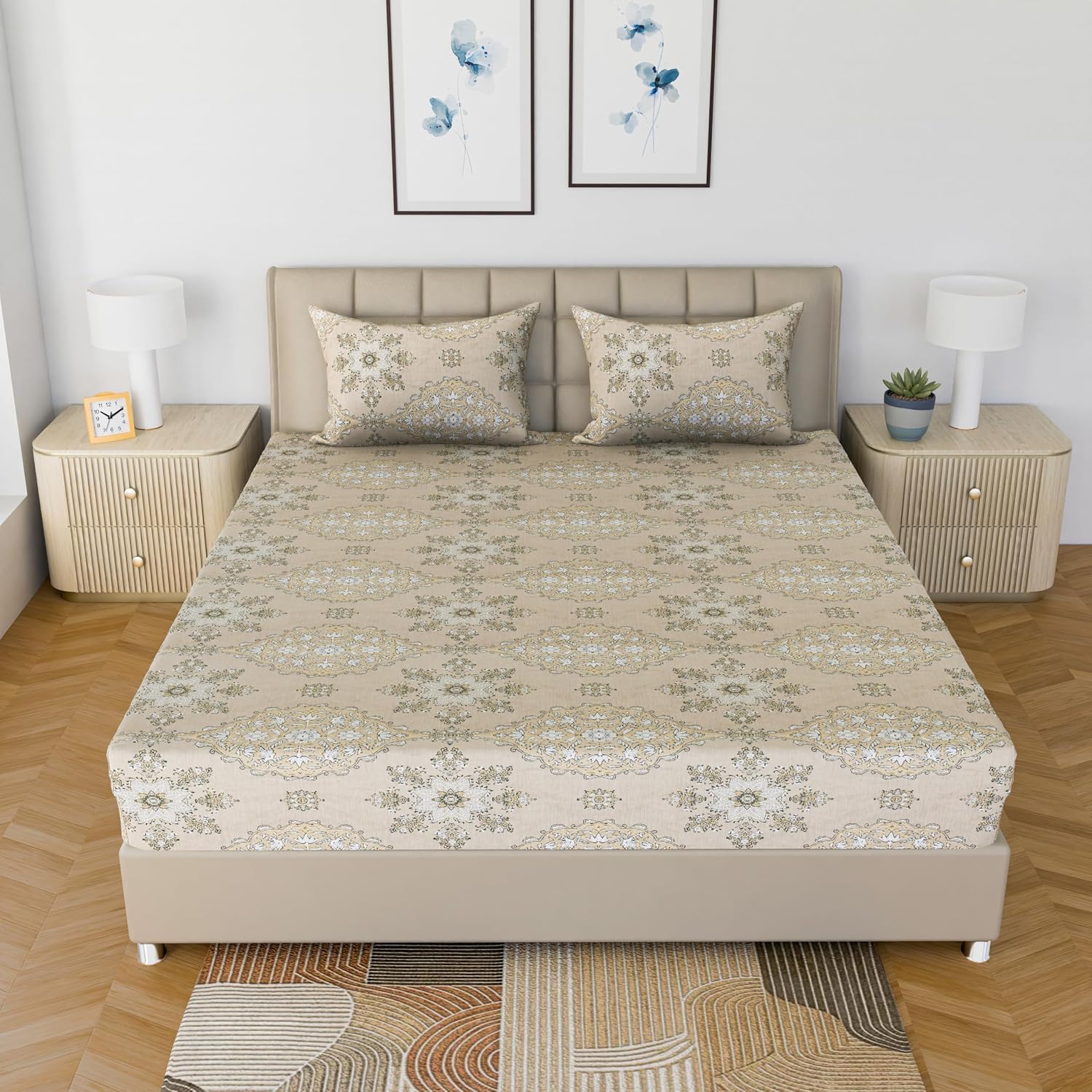 Luxury Bedsheet Queen Size With 2 Pillow Cover - 60 X 78 Inches, Beige & Green | Printed All Around Elastic Fitted Bedsheet | Durable & Fade-Resistant