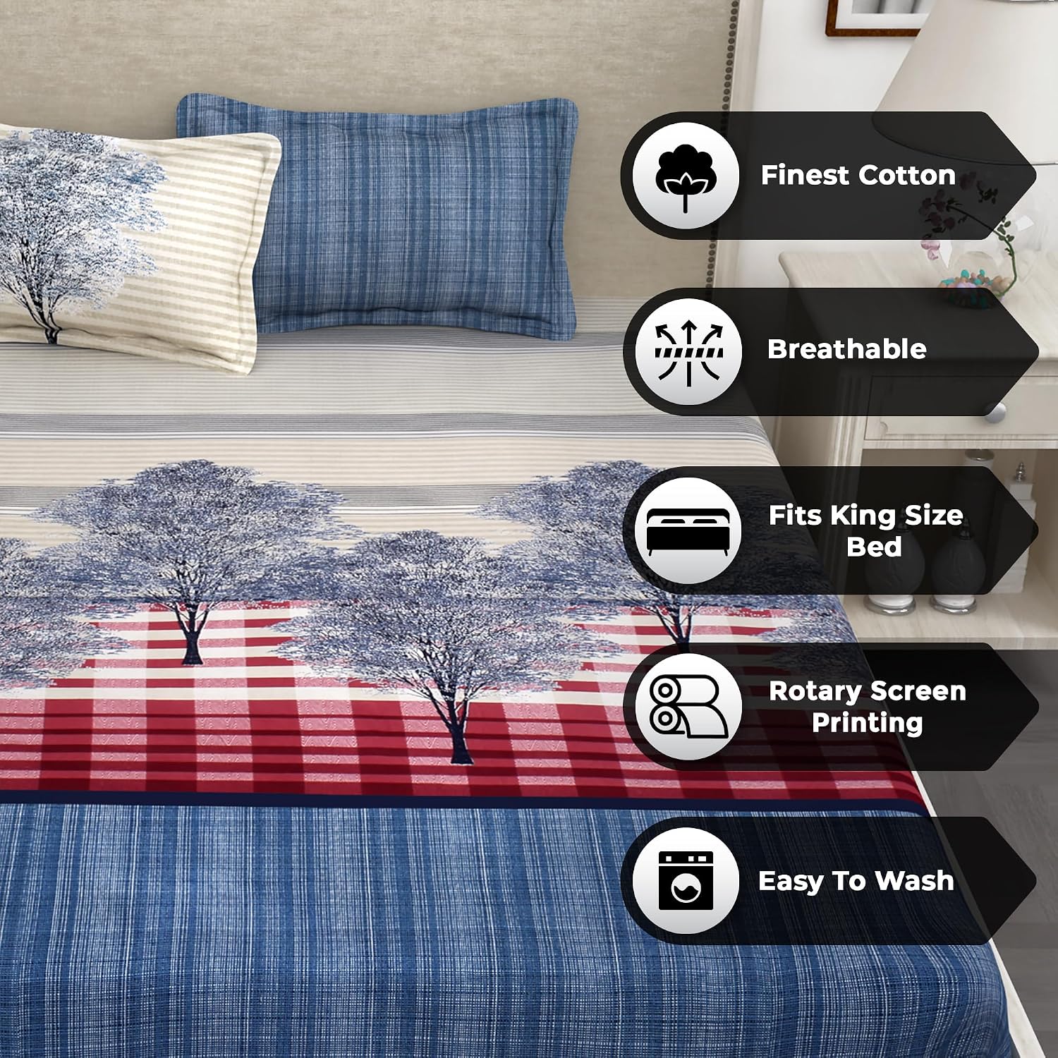 Soft Bedsheet For King Size Bed With 2 Matching Pillow Cover | 106 X 106 Inches, Blue & Cream | Skin-Friendly Touch & Lasting Comfort - Soft & Breathable