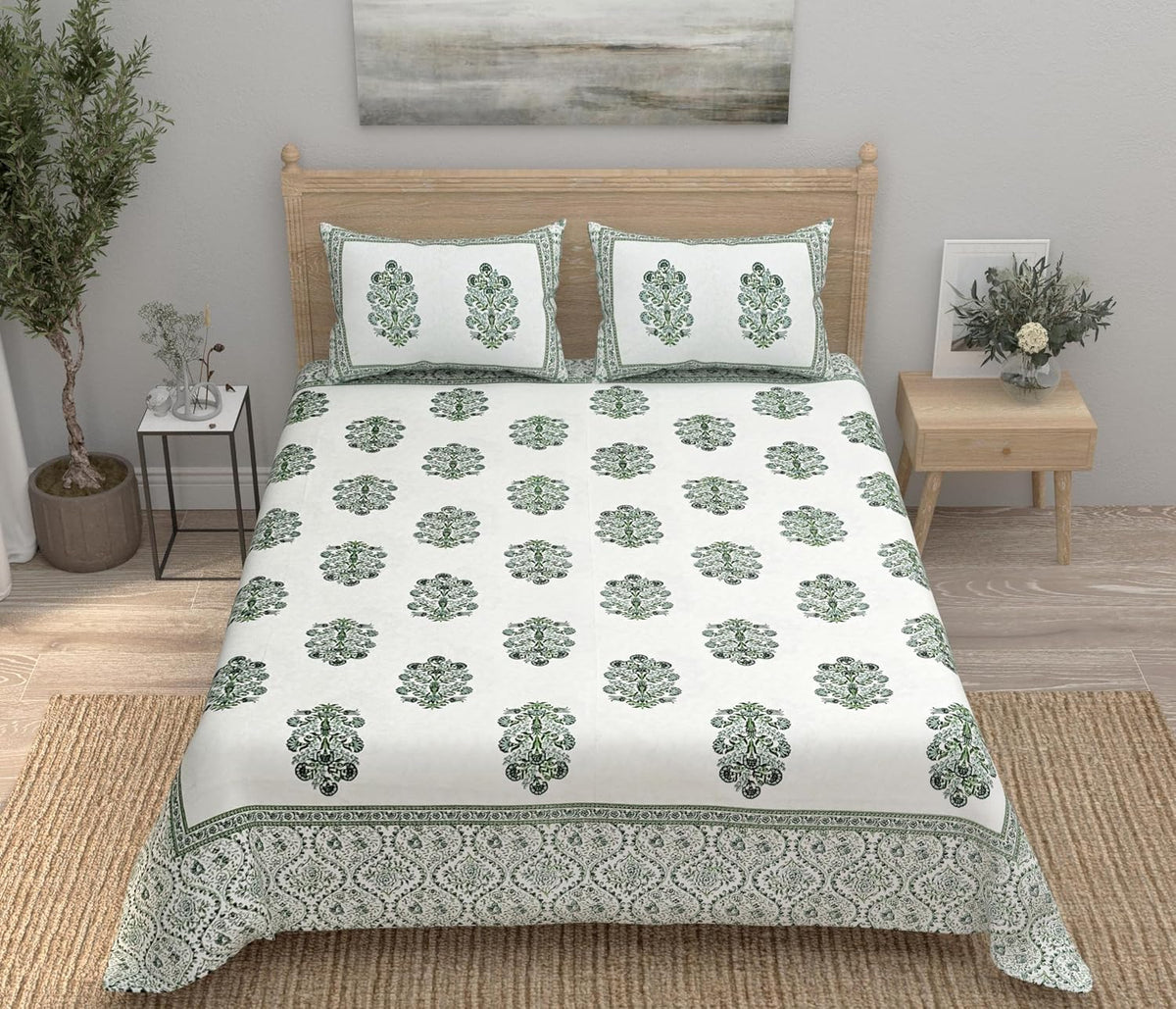 100% Cotton Jaipuri Bedsheet For King Size (90 X 103 Inches, Cream & Green) With 2 Pillow Covers | Perfect For Everyday Use, Guest Rooms, Or Gifting On Special Occasions