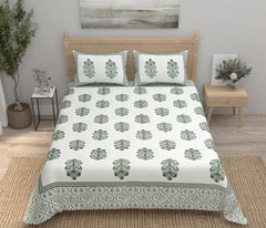 100% Cotton Jaipuri Bedsheet For King Size (90 X 103 Inches, Cream & Green) With 2 Pillow Covers | Perfect For Everyday Use, Guest Rooms, Or Gifting On Special Occasions