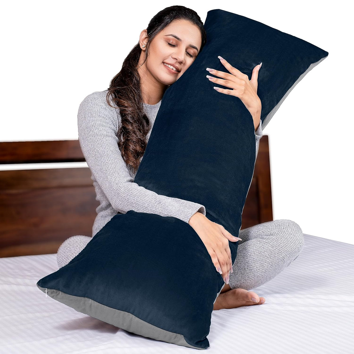 Microfiber Body Side Pillow For Sleeping For Pregnancy, Grey & Navy Blue - 53 X 16 Inches | Long Cuddle Pillow For Hugging, Relaxing, Washable, Premium Velvet Outer Cover, Adjustable Pillow