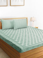Handloom Printed Double Bedsheet For Queen Size With 2 Matching Pillow Cover | Size 90 X 100 Inches, Mint Green - Cotton Bedsheets For Double Bed | Soft & Smooth