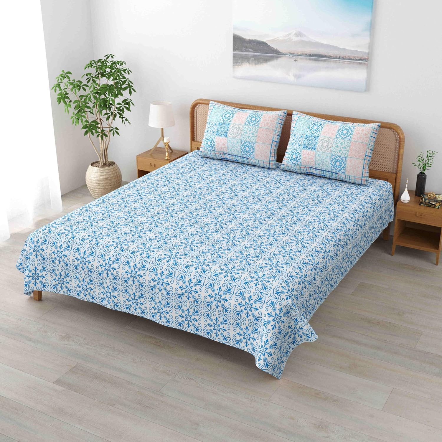 Sanskriti Bedsheet For Double Bed King Size With 2 Pillow Cover - 90 X 108 Inches, Sky Blue & White | Soft, Durable & Stylish | Breathable & Skin-Friendly