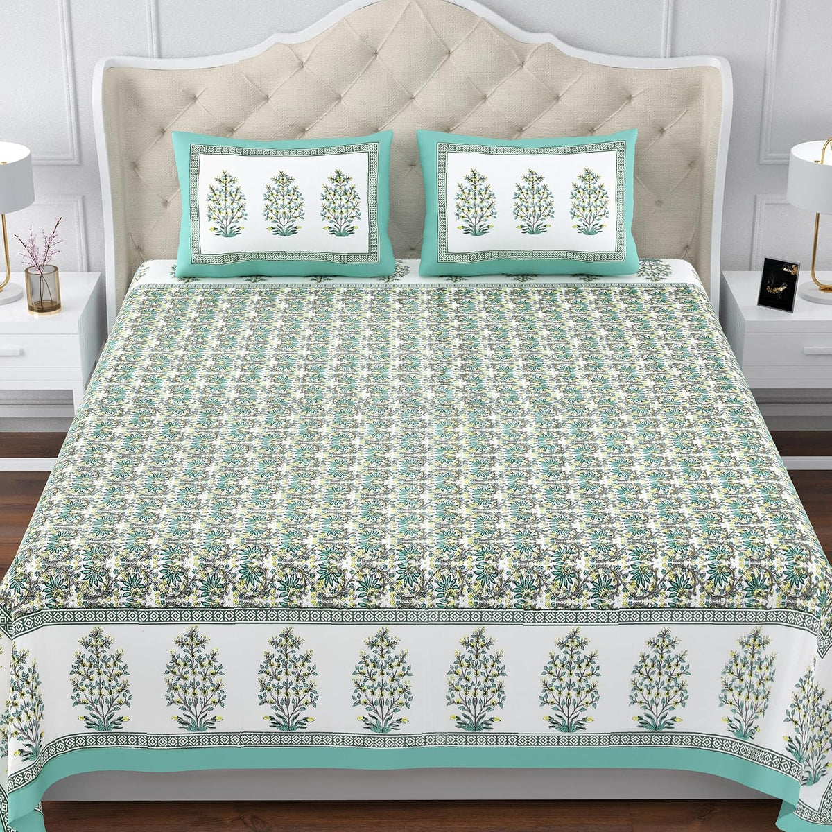 100% Cotton King Size Bedsheet For Double Bed With 2 Pillow Cover - 108 X 108 Inches, Green & White | Extra Soft & Wrinkle Free | Perfect Gifting Wedding, Housewarming Or Festival