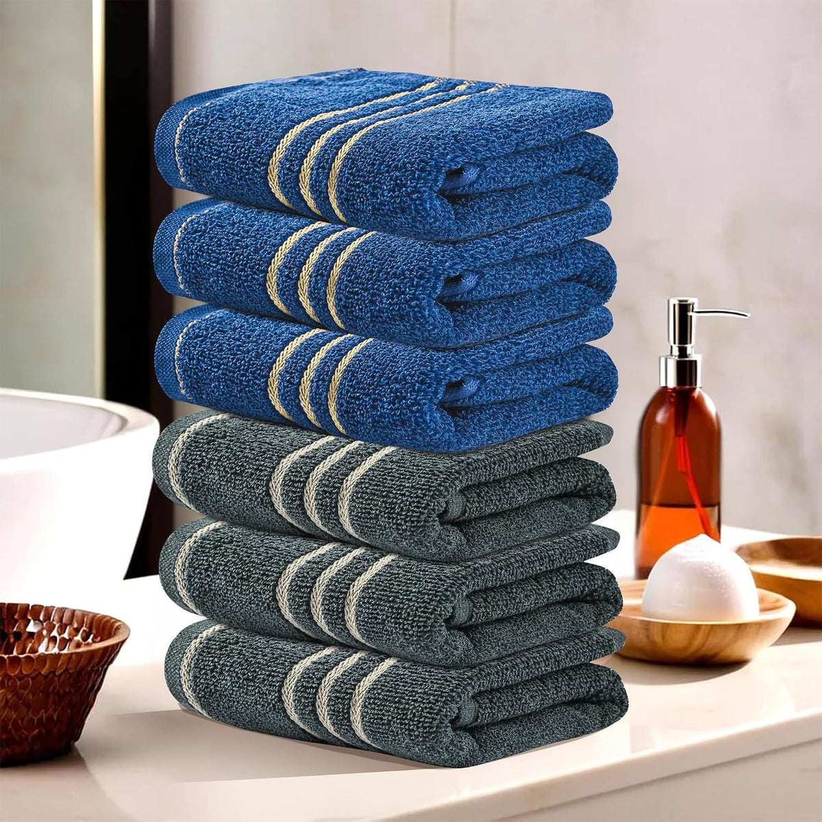 Kuber Industries Soft Cotton Face Towels 1200 Gsm | For Men & Women Easily Washable Pocket Towels & Workout Gym - Dark Grey & Blue (Pack Of 6)
