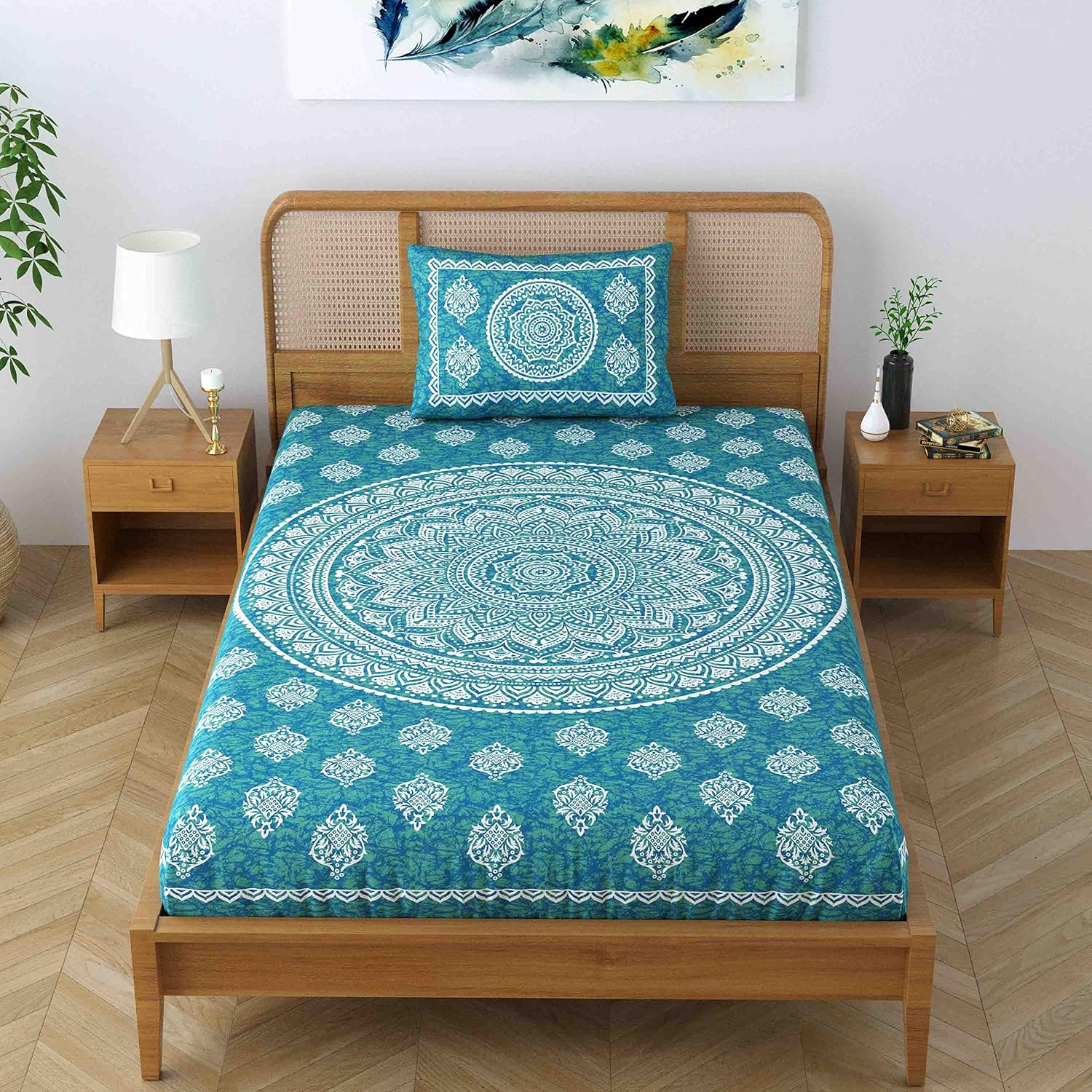 Single Bedsheet With 1 Pillow Covers - 54 X 84 Inches, Sea Green | Long Lasting & Soft 120 Thread Count Bedsheet | Traditional Jaipuri Printed Bedsheet