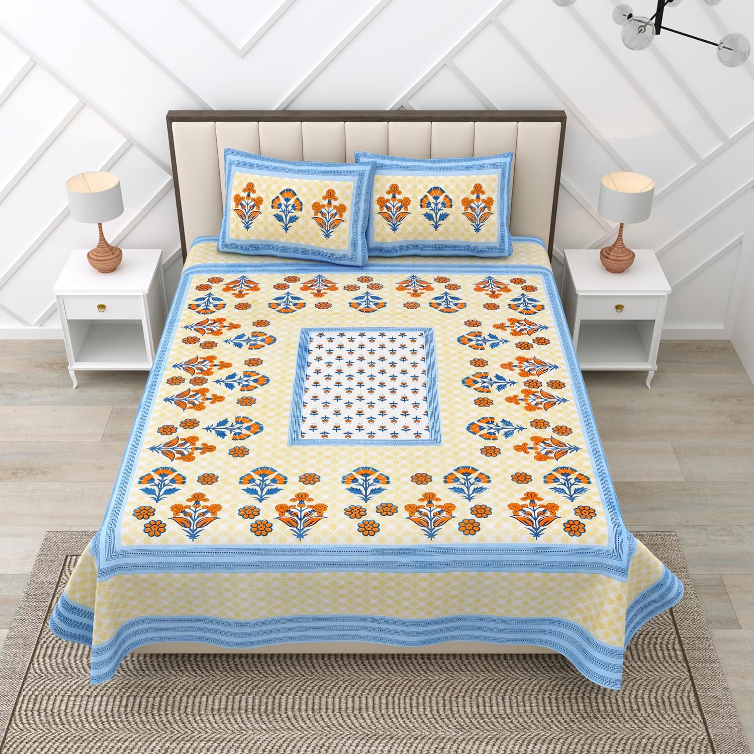 Suitable For King Size Bedsheet With 2 Pillow Cover - 90 X 108 Inches, Cream & Blue | Soft, Breathable & Skin-Friendly Feel For Year-Round Comfort