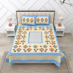 Suitable For King Size Bedsheet With 2 Pillow Cover - 90 X 108 Inches, Cream & Blue | Soft, Breathable & Skin-Friendly Feel For Year-Round Comfort