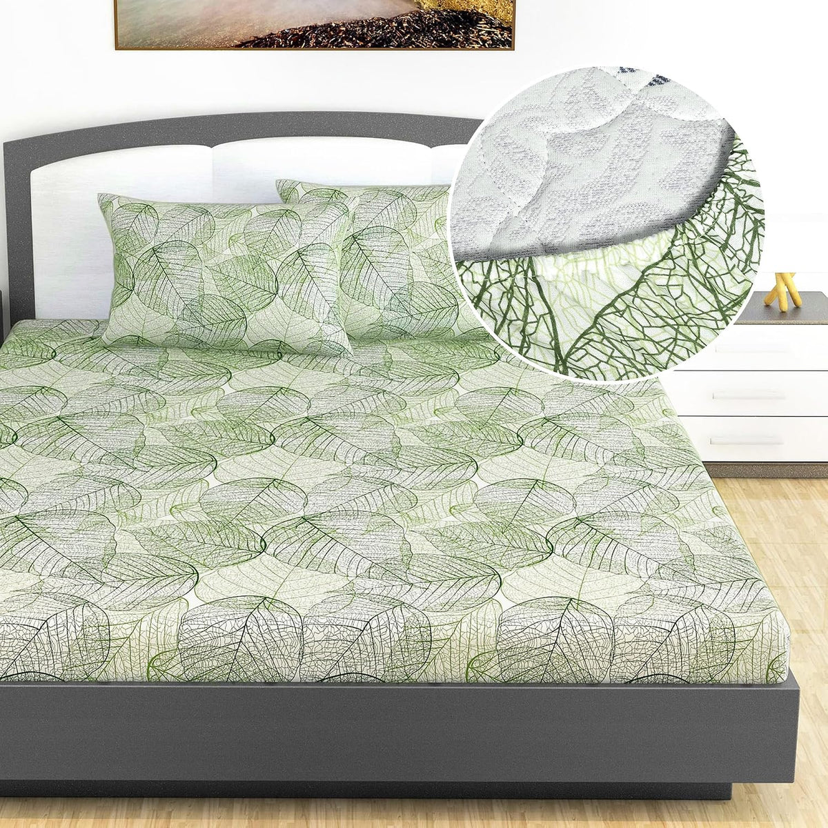 Printed King Size Double Bedsheet With 2 Pillow Cover For Bedroom | 72 X 78 Inches, Light Green - All Around Elastic Fitted | Ideal For Everyday Use