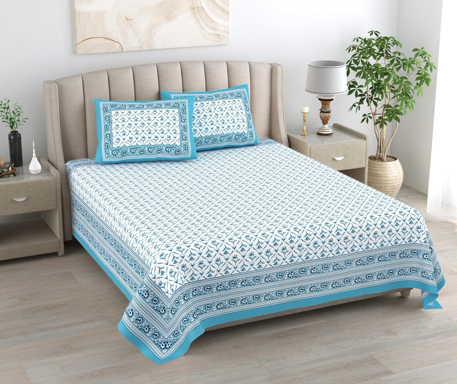 Cotton Queen Size Bedsheet For Double Bed With 2 Pillow Covers | 90 X 108 Inches, White & Sky Blue | Cotton Bedsheet Is Suitable For All Seasons | Ultra-Soft, Skin-Safe & Breathable Fabric