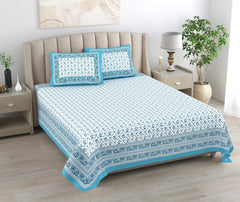 Cotton Queen Size Bedsheet For Double Bed With 2 Pillow Covers | 90 X 108 Inches, White & Sky Blue | Cotton Bedsheet Is Suitable For All Seasons | Ultra-Soft, Skin-Safe & Breathable Fabric