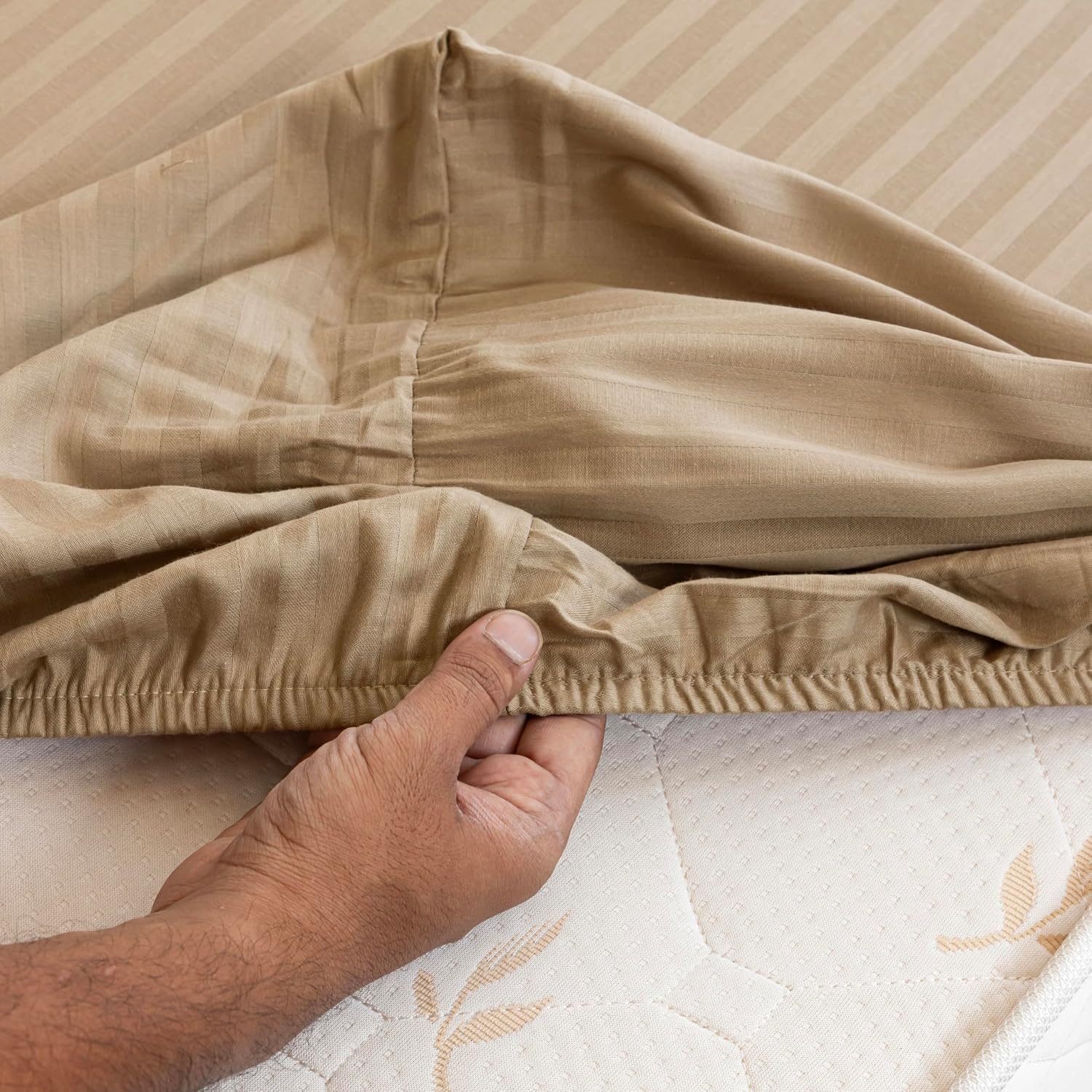 210 TC Cotton Double Bed Fitted Bedsheets With 2 Pillow Cases - 78 X 72 Inches, Taupe | Satin Stripes Wrinkle Free | Comfortable Fabric Bedsheet