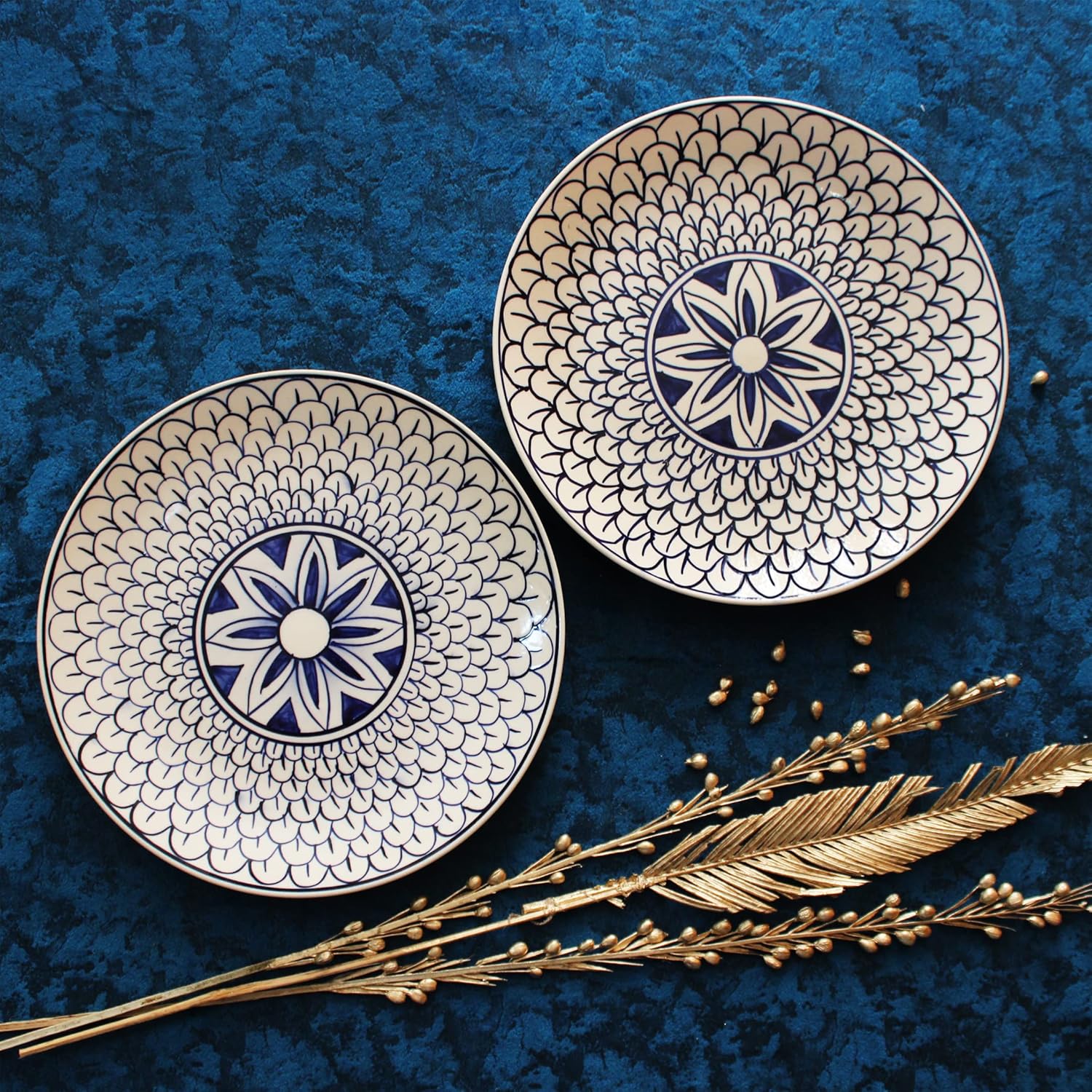 Mermaid Tales Ceramic Dinner Plates Set Of 4 - 10 Inches, 4 Pieces, Blue & White | Handcrafted Full Ceramic Plates For Dinner - Microwave Safe & Dishwasher Safe