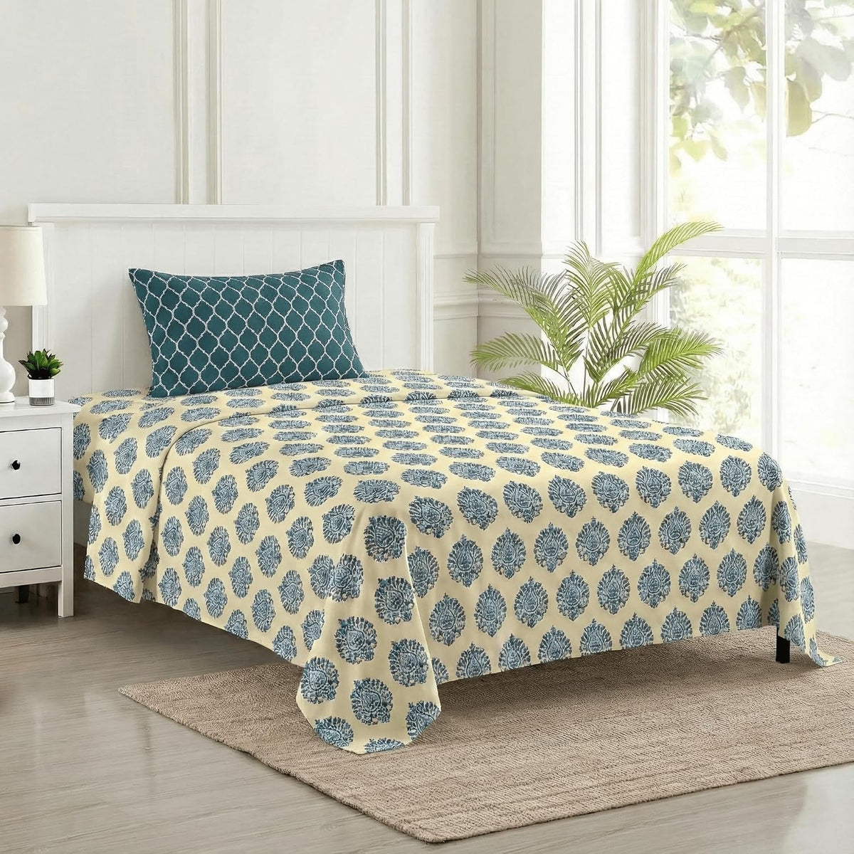 Cotton Printed Single Flat Bedsheet With 1 Pillow Cover - 60 X 100 Inches, Cream & Deep Sea Green | Breathable & Skin Friendly Bedsheet | Ideal For Year Round Use