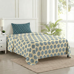Cotton Printed Single Flat Bedsheet With 1 Pillow Cover - 60 X 100 Inches, Cream & Deep Sea Green | Breathable & Skin Friendly Bedsheet | Ideal For Year Round Use