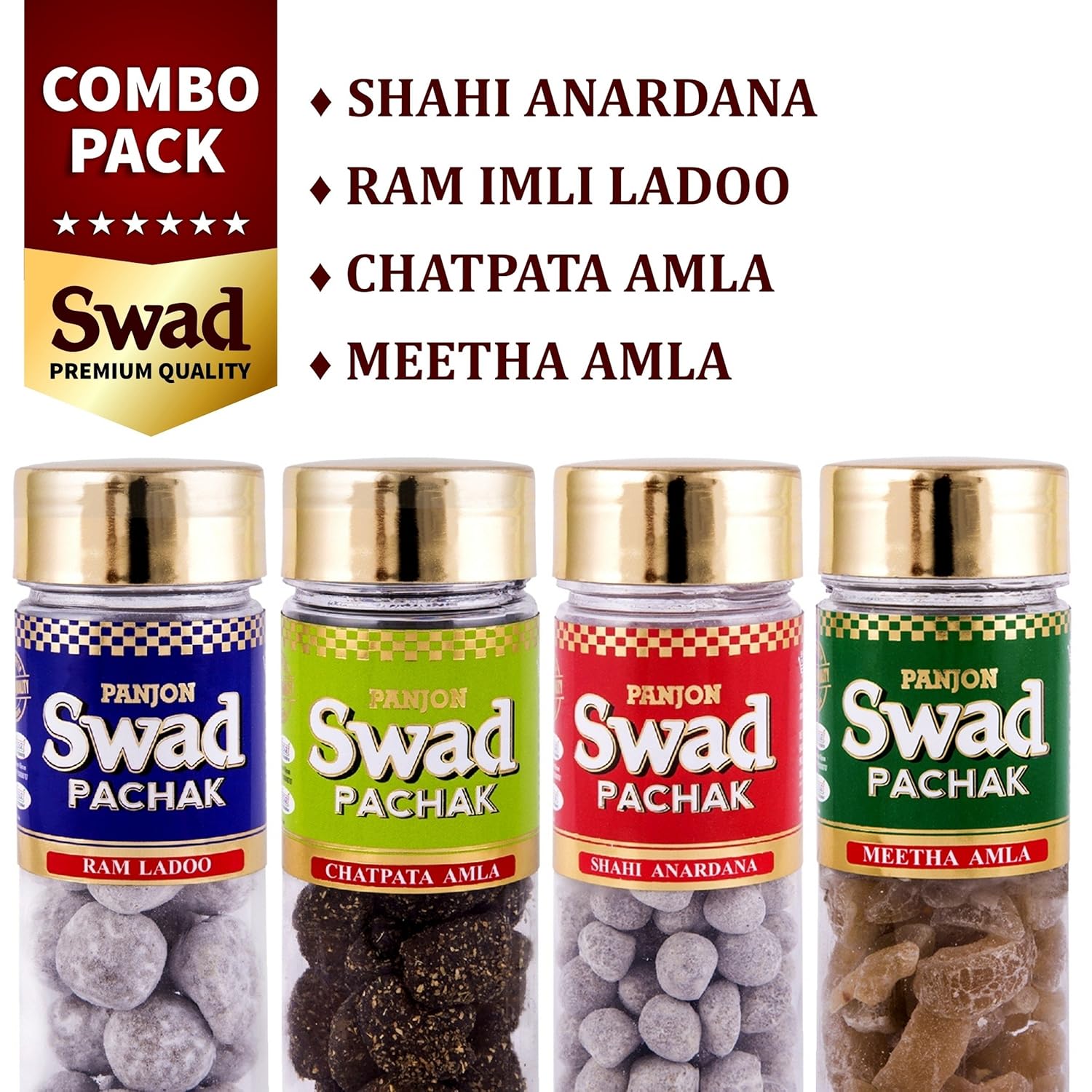 Panjon Swad Candy, Anardana, Sweet Amla, Chatpata Amla And Imli Ladoo 440gm, (110gm, *4 Bottles)