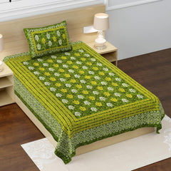 100% Cotton Single Bed Sheet With 1 Pillow Cover - 56 X 86 Inches, Green & White | Super Soft Microfiber, Breathable Wrinkle, Fade Resistant