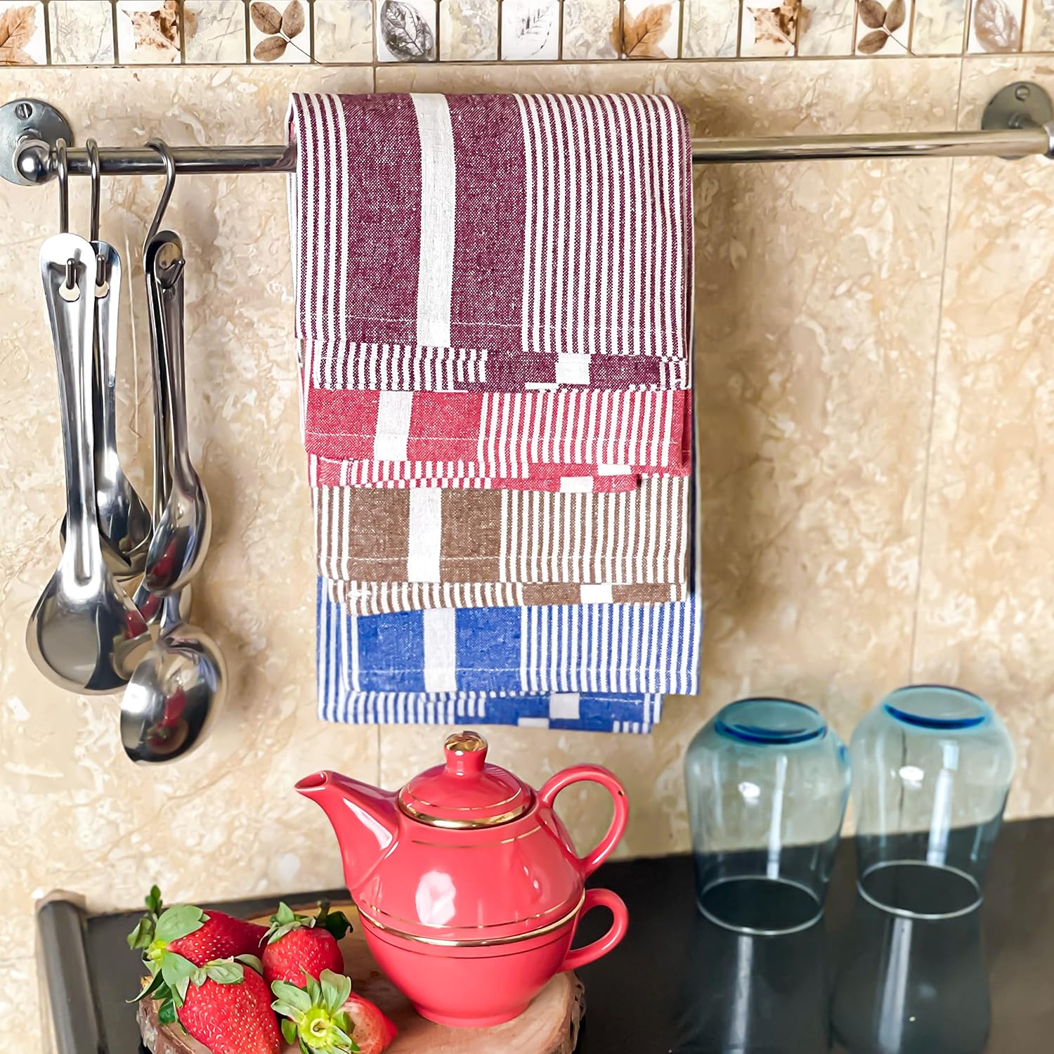 Pixel Home Large Kitchen Towels 300 Gsm | Cotton For Home Soft & Absorbent Hand Towel For Kitchen Cleaning & Quick Drying Of Plates & Glasses (Set Of 4)- Multicolour