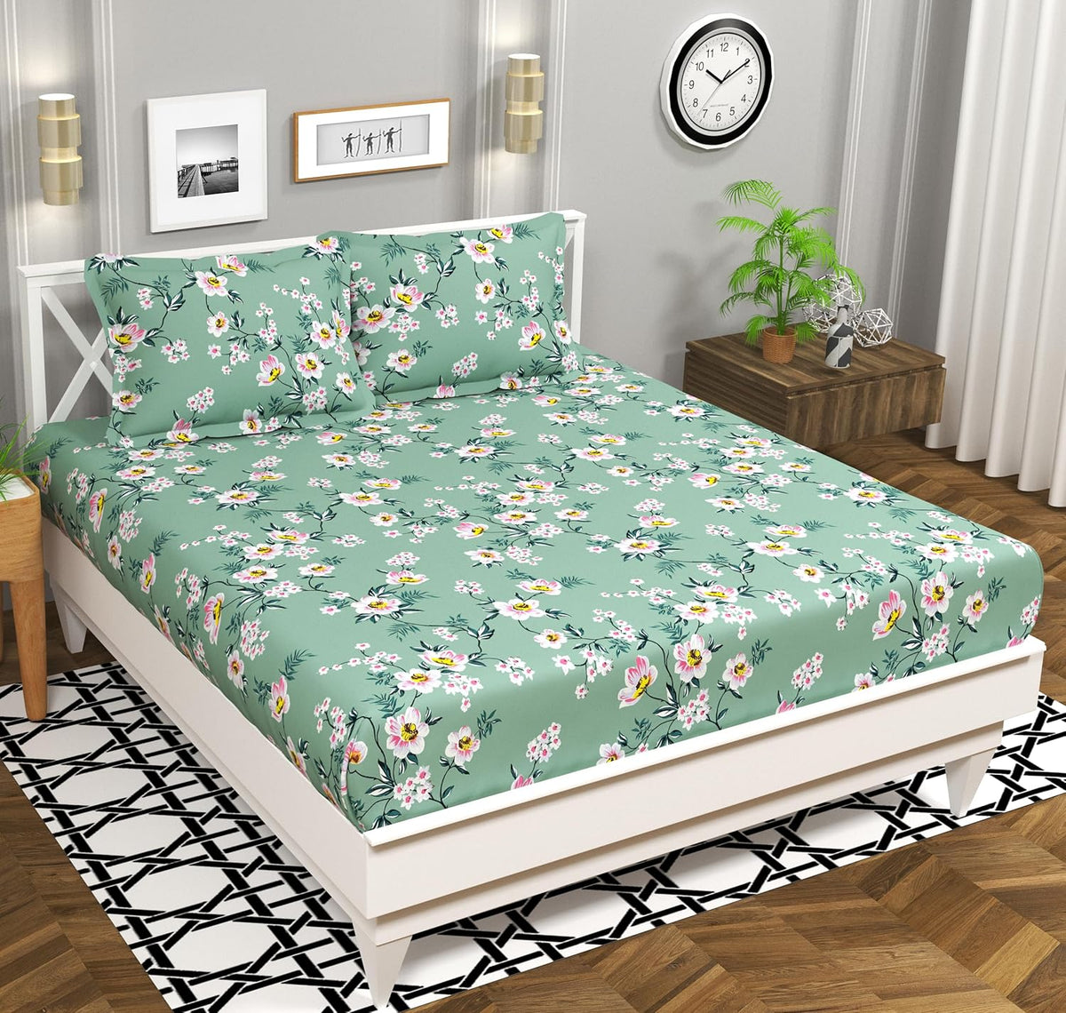 100% Cotton Double Bed Bedsheet Set With 2 Pillow Covers - 90 X 90 Inches, Mint Green | 144 Thread Count Soft & Breathable, For Bedroom & Gifting