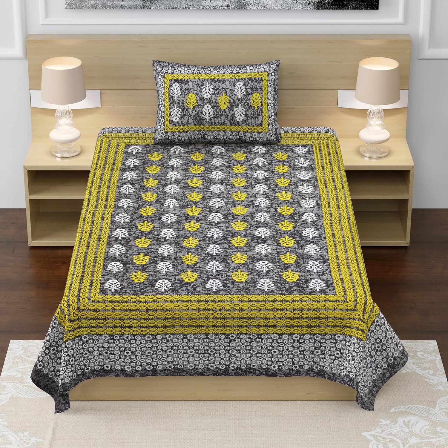 100% Cotton Single Bed Sheet With 1 Pillow Cover - 56 X 86 Inches, Grey & Green | Super Soft Microfiber, Breathable Wrinkle, Fade Resistant