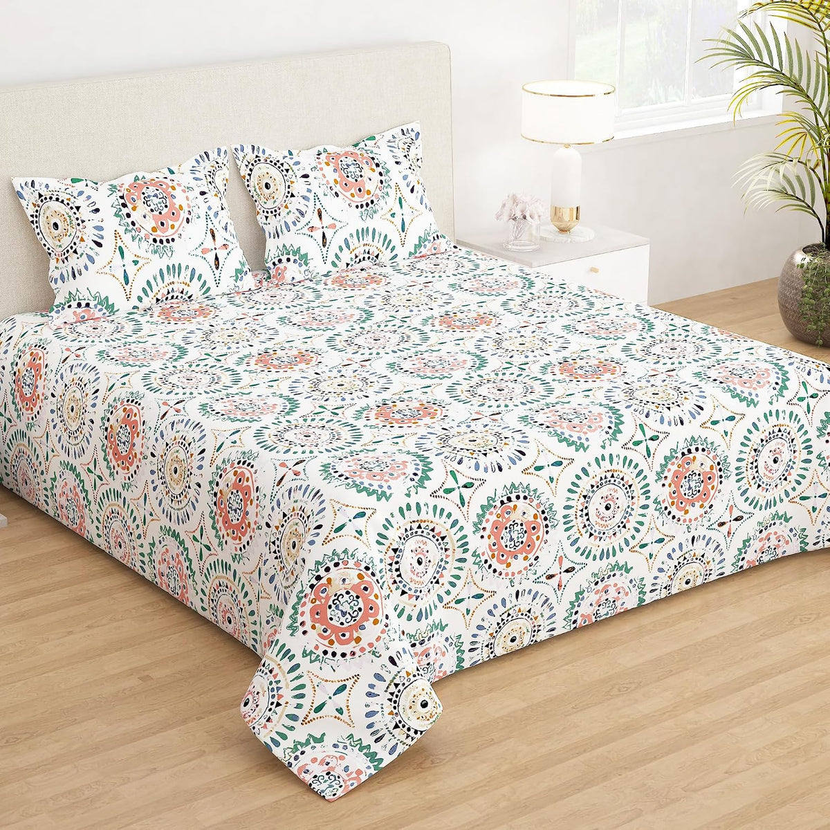Bedsheet For Double Bed Queen Size With - 88 X 100 Inches, White & Peach | Comfortable & Sleeping Environment | Long-Lasting Comfort