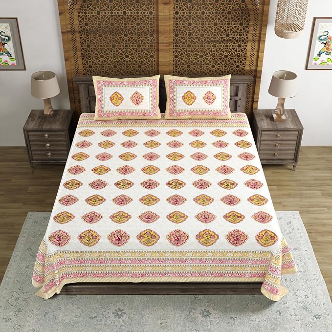 Hand Block Printed Cotton King Size Bedsheet With 2 Pillow Covers, 90 X 108 Inches, Yellow | Good For Villas, Guest Houses, & Daily Home Use