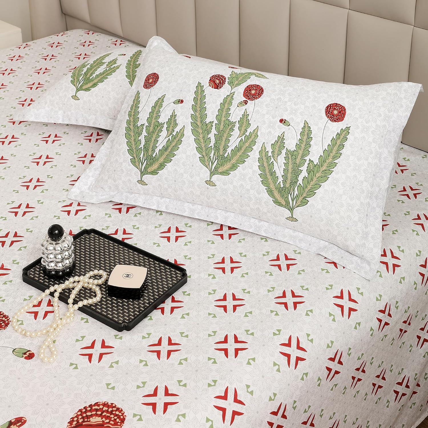 1 Piece Cotton Bedsheet For King Size With 1 Pillow Cover - 108 X 108 Inches, White & Green | Soft & Durable For Everyday Use & Bedroom - All Season Comfort